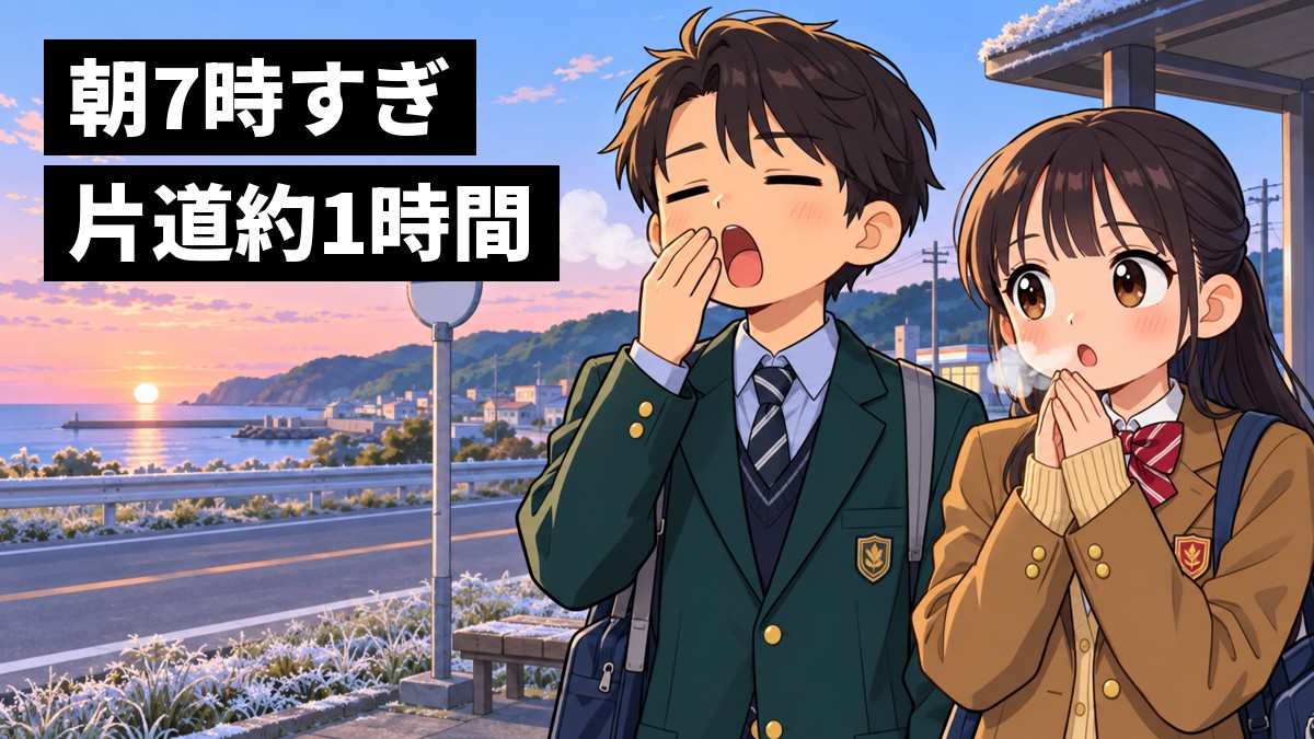 冬の朝7時すぎ、館山のバイパス沿いのバス停で、志学館高校の制服の男女が白い息を吐きながら眠そうに学校のバスを待っている。「朝7時すぎ片道約1時間」の文字