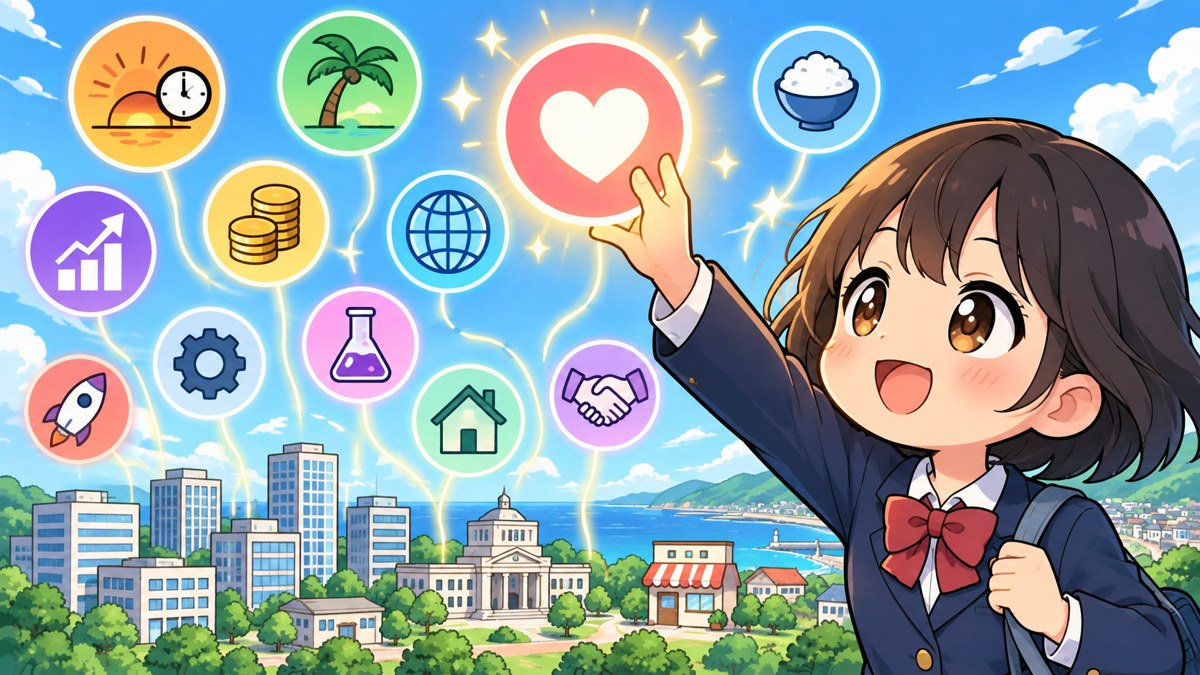 色とりどりのアイコンの札が浮かぶ中で、制服の高校生が光るハートの札を1つ選び、その先に会社や役所や店の建物が並ぶイラスト