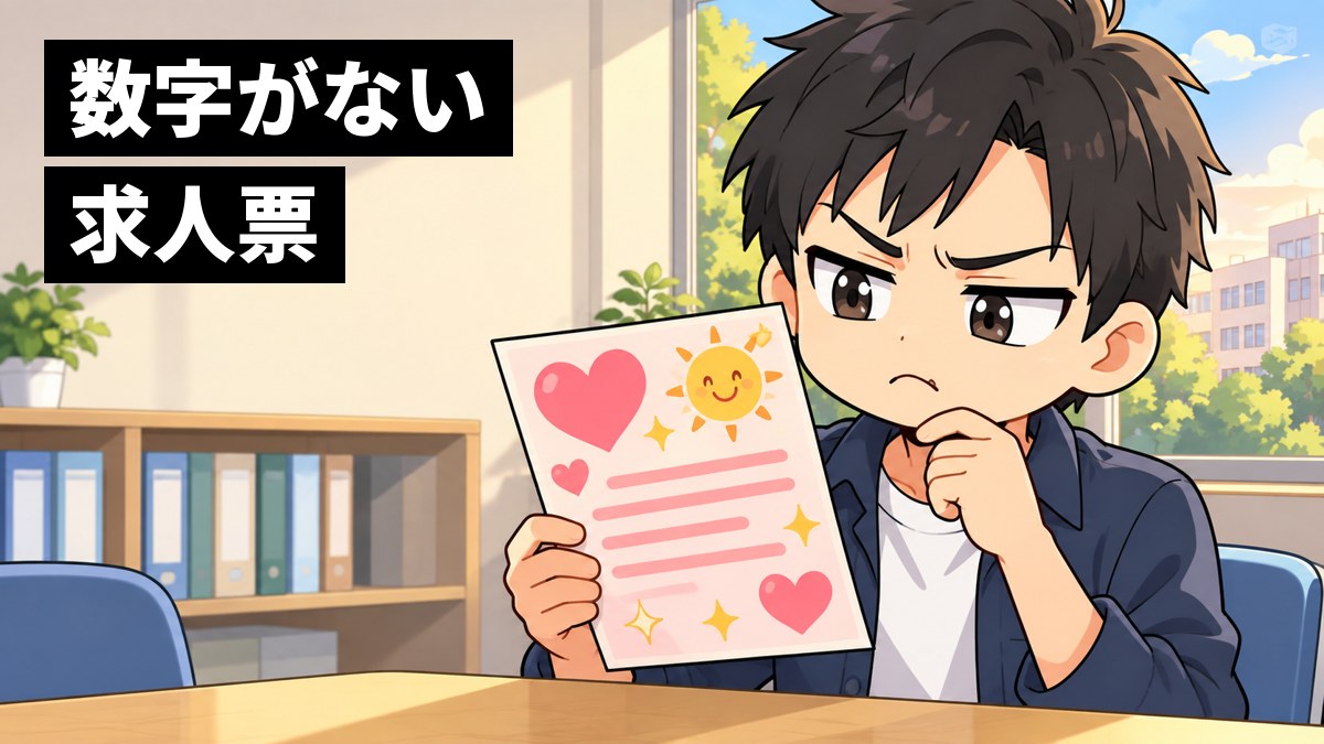 大学の就職相談コーナーの机で、男子大学生が求人票の紙を手に持ち、眉をひそめてむっとした顔でにらんでいる挿絵。紙の上には大きなハートやキラキラだけが描かれている。「数字がない 求人票」の文字。