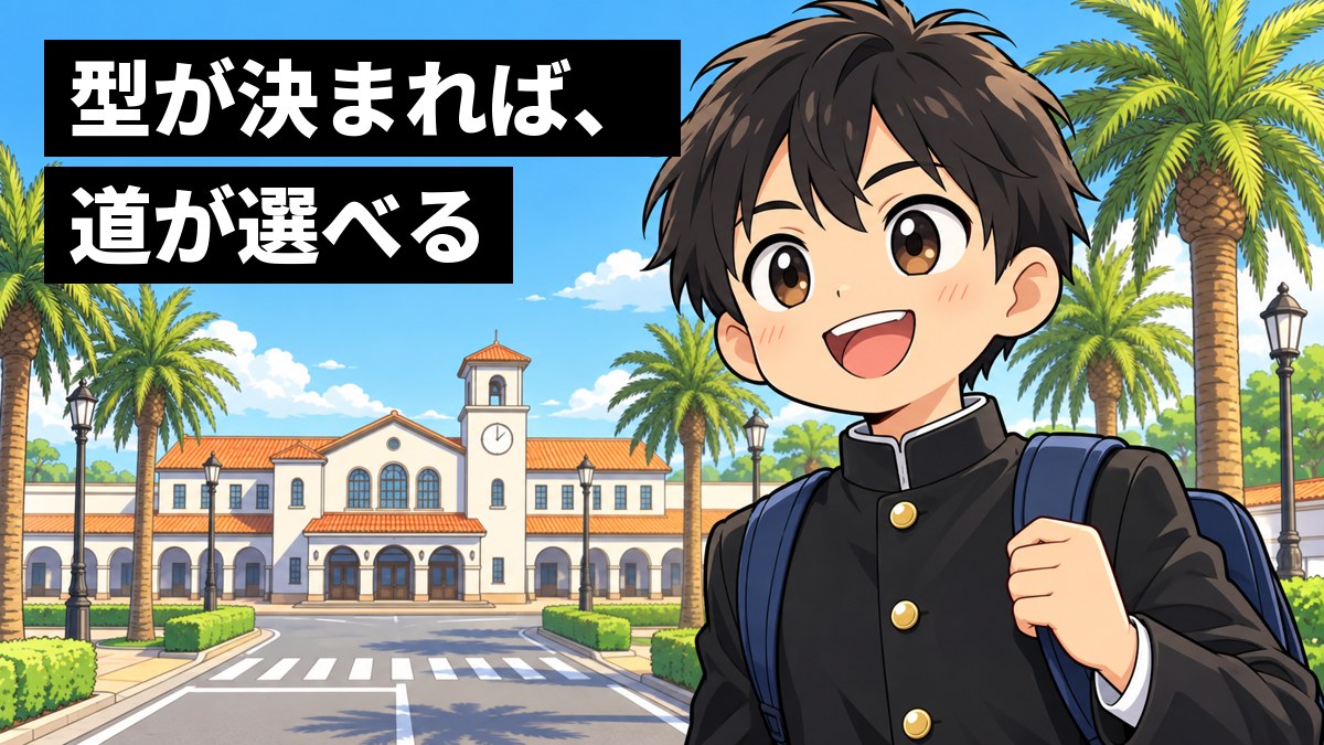 朝の館山駅前で、安房高校の詰襟の男子高校生がリュックを背負い、すっきりした明るい笑顔で前を向いて歩き出している挿絵。「型が決まれば、道が選べる」の文字。