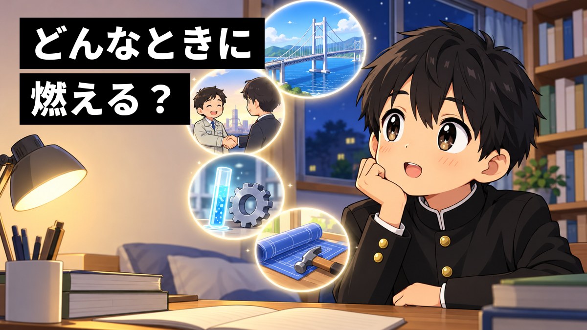 夜の自分の部屋で、安房高校の詰襟の男子高校生が、頭のまわりに浮かぶ4つの場面(大きな橋、ありがとうと握手する場面、試験管、設計図と金づち)に目を輝かせて見入っている挿絵。「どんなときに 燃える?」の文字。
