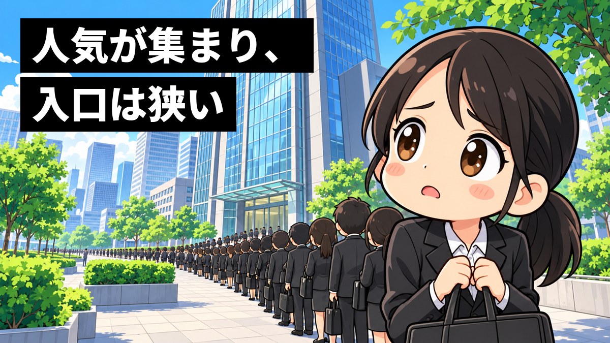 東京のガラス張りの大きなオフィスビルの入口に、就活スーツの大学生が長い列を作り、列の後ろの女子大学生が肩を落として見上げている挿絵。「人気が集まり、入口は狭い」の文字。