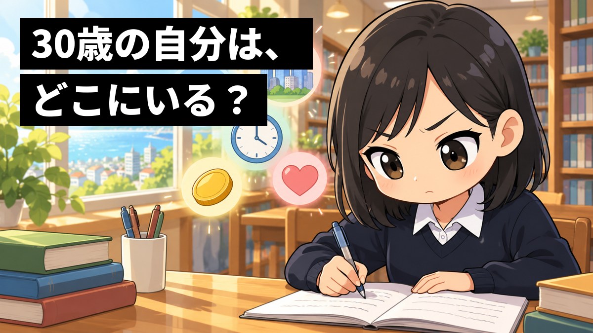 図書館の窓ぎわの机で、安房高校の制服の女子高校生がノートに夢中で書きこみ、頭の上に海辺の家・都会のビル・時計・コインの小さなアイコンが浮かんでいる挿絵。「30歳の自分は、どこにいる?」の文字。