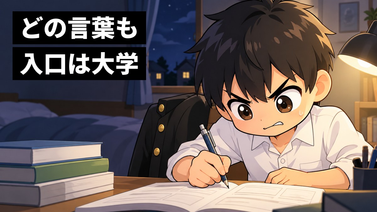 夜の自分の部屋の机で、学ランを脱いだ白シャツの安房高校の男子が、悔しそうに唇をかんで問題集をにらみ、シャープペンを握りしめている。「どの言葉も 入口は大学」の文字。