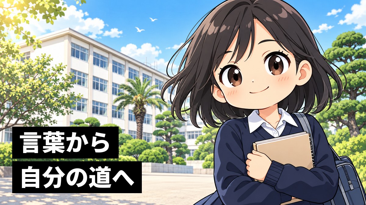 朝の安房高校の校舎の前で、紺のセーターの女子がノートを胸に抱え、前を見て穏やかな笑顔で歩き出している。「言葉から 自分の道へ」の文字。