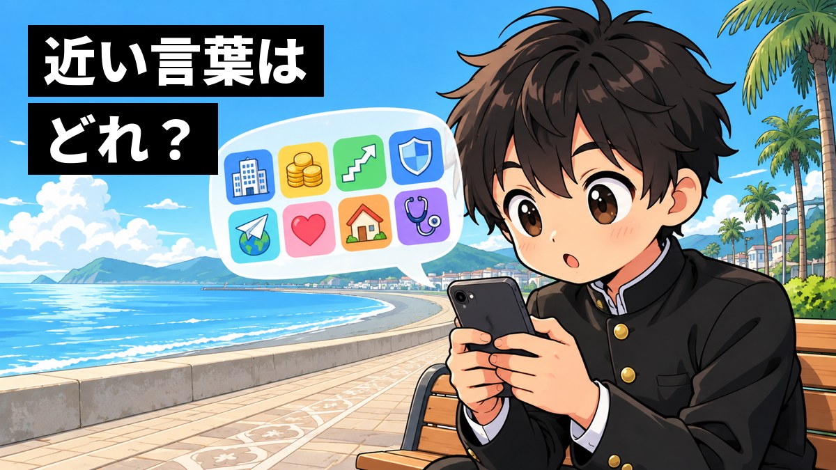 館山の海辺の遊歩道のベンチで、学ランの安房高校の男子がスマホを手に身を乗り出し、興味しんしんで画面をのぞきこんでいる。画面の中身はカードの絵の吹き出しで見えている。「いちばん近い言葉は どれ?」の文字。