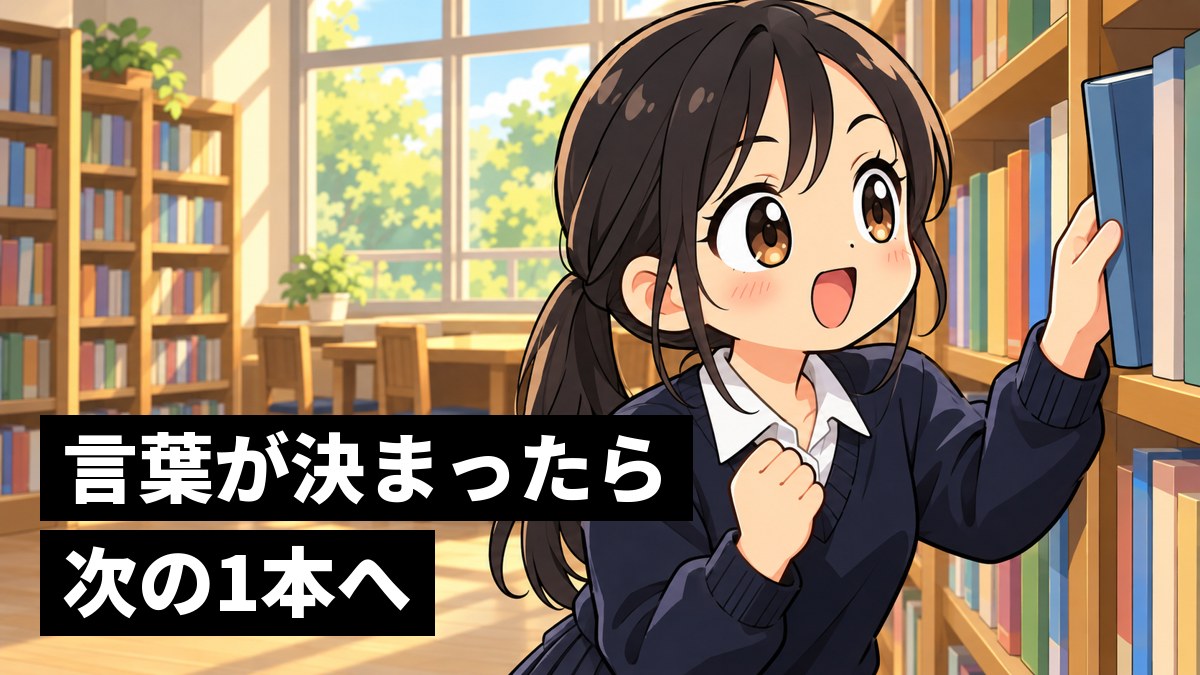 高校の図書室の本棚の前で、紺のセーターの安房高校の女子が1冊を引き出し、ひらめいた顔でこぶしを握っている。「言葉が決まったら 次の1本へ」の文字。