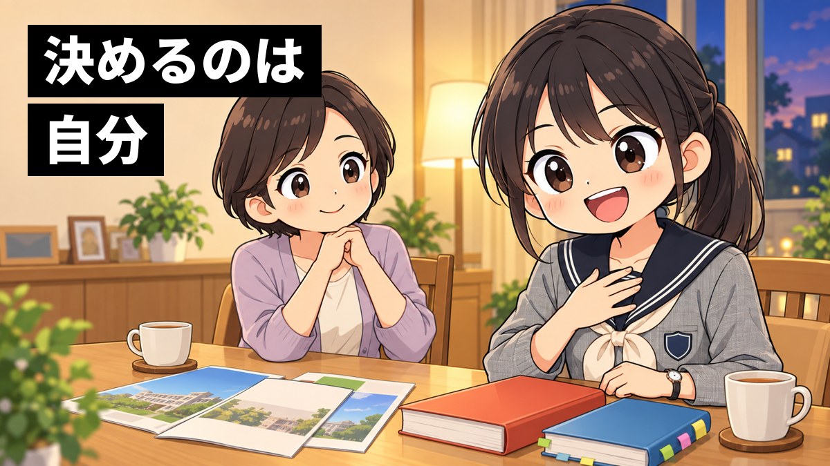 夜のダイニングで、翔凜高校の制服の女子高校生が自分の言葉で進路を話して晴れやかな笑顔を見せ、向かいの母親がうなずいている挿絵。文字「決めるのは自分」