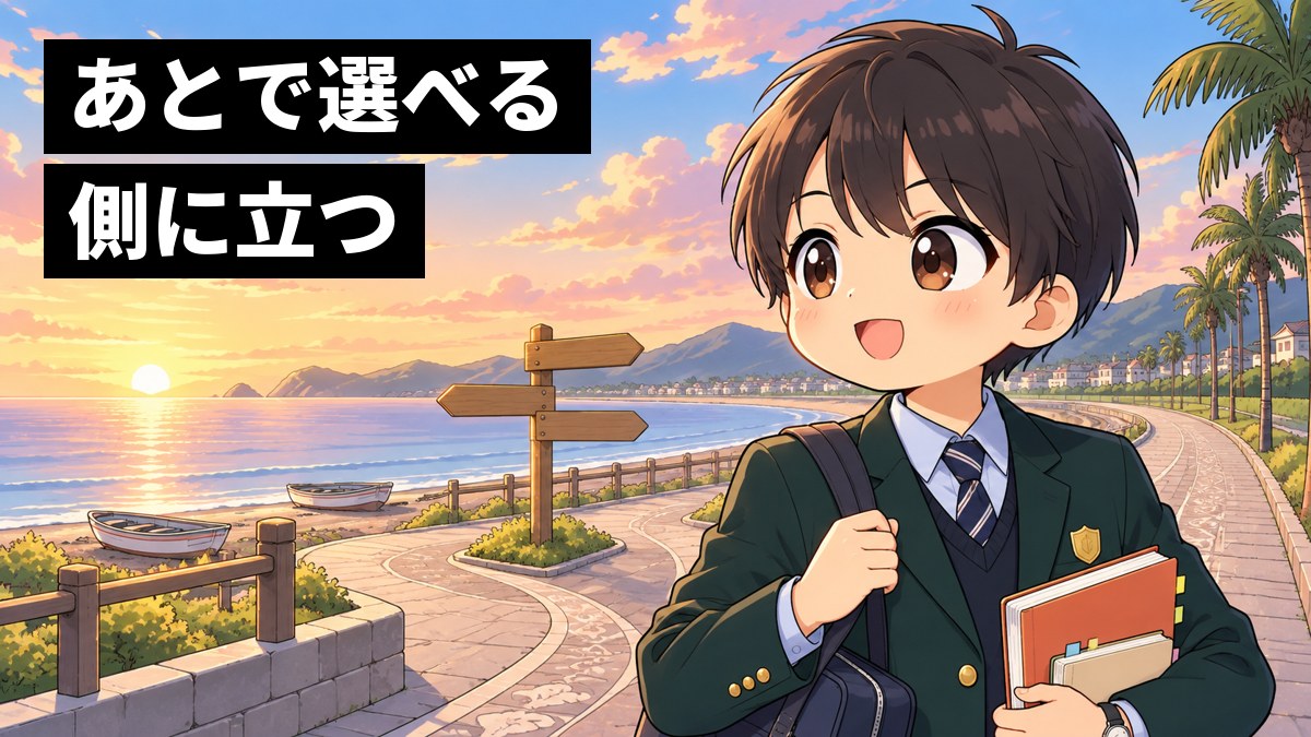朝の海沿いの道で、志学館高校の制服の男子高校生がワクワクした顔で前を向いて歩き出している挿絵。文字「あとで選べる側に立つ」