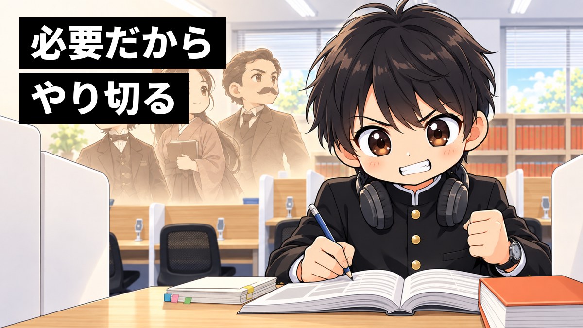 東進館山校の自習ブースで、学ランの男子高校生が英語の長文に歯を食いしばって食らいつき、背景に洋装と袴姿の明治の人たちが淡く浮かぶ挿絵。文字「必要だから やり切る」
