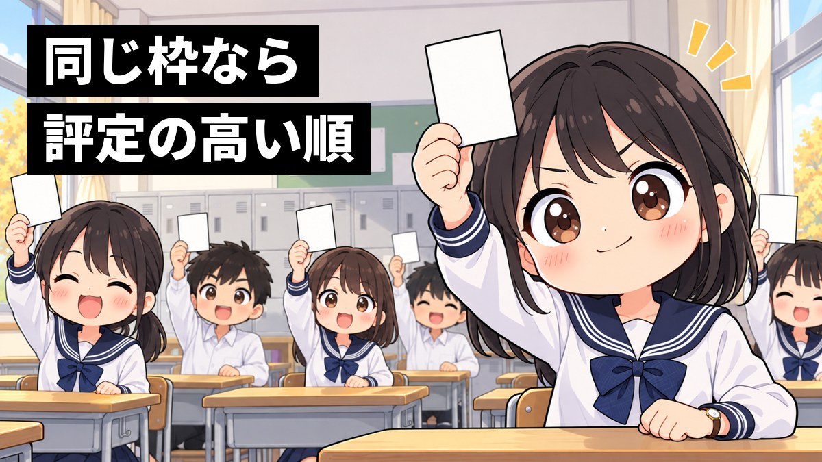 高校の教室で、木更津高校のセーラー服の女子高校生が白い札を顔の横に掲げ、目を輝かせている。後ろのクラスメートも一斉に札を上げ、ドラフト会議のような校内選考の場面。「同じ枠なら」「評定の高い順」の文字。