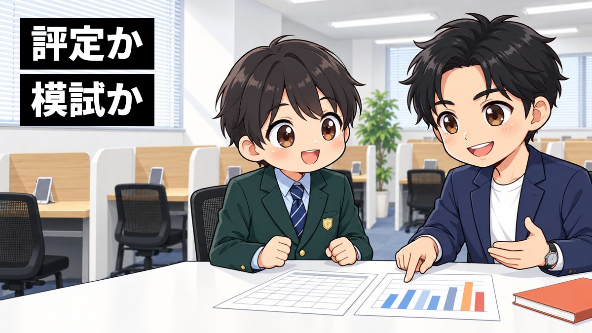 東進館山校の白い机で、塾長の小池が評定の紙と模試の紙を指さしながら、志学館高校の緑のブレザーを着た高校1年生の男子と面談している。男子は迷いが晴れたようにうなずく。「評定か」「模試か」の文字。