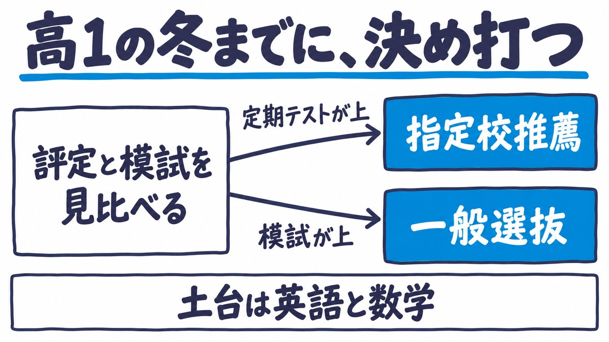 推薦か一般かの決め方の手描き図解。評定と模試を見比べ、定期テストが上なら指定校推薦、模試が上なら一般選抜。土台は英語と数学。見出しは「高1の冬までに、決め打つ」。