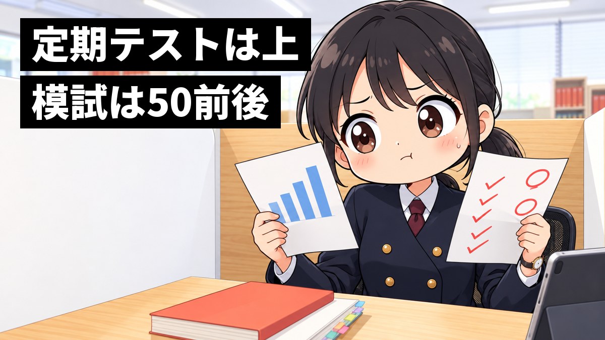 東進館山校の自習ブースで、安房高校の制服の女子高校生が、丸の多い定期テストの答案と模試の結果の紙を両手に持って見比べ、眉を寄せて迷っている。「定期テストは上」「模試は50前後」の文字。