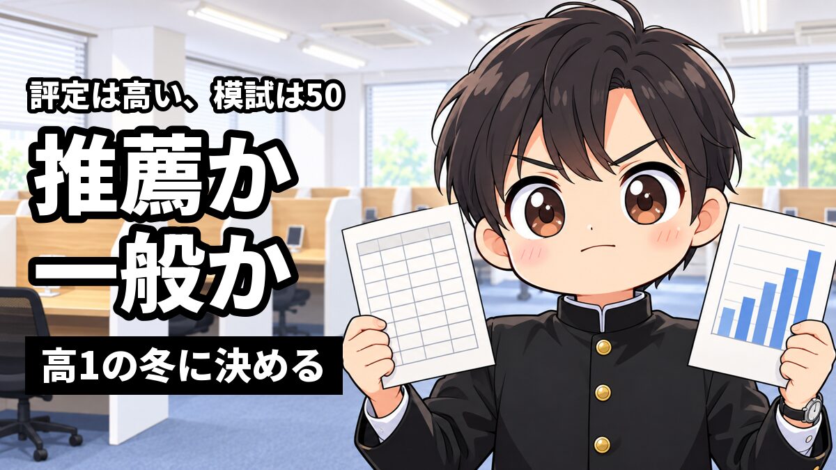 東進館山校の自習室で、安房高校の学ランの男子高校生が、片手に成績表、もう片方の手に模試の結果を持って天びんのように比べ、決意の顔をしている。「評定は高い、模試は50」「推薦か一般か」「高1の冬に決める」の文字。