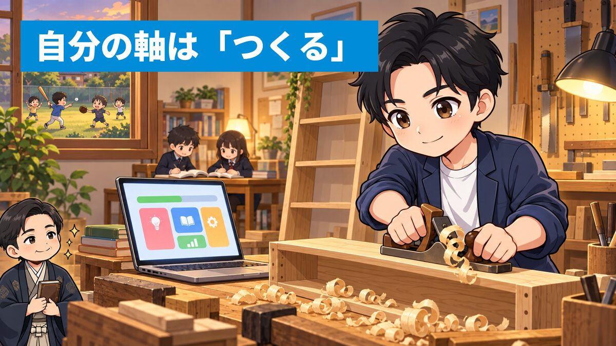 夜の工房のような部屋で、木の棚を手作りしながら没頭して満足げな表情の塾長。かたわらのノートパソコンには学習アプリの画面。奥には机で勉強する制服の生徒たちと、窓の外の庭で野球をする子どもたち。画面の端から本を抱えた歴史上の学者が微笑んでうなずいている。「自分の軸は「つくる」」の文字。
