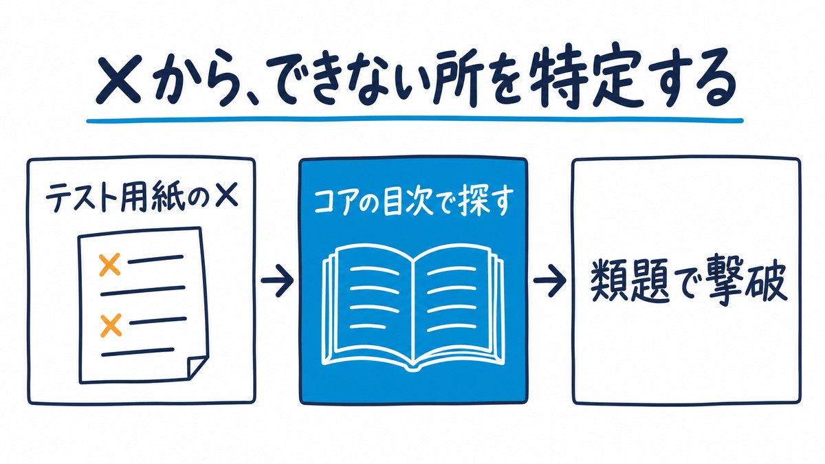 家庭でのフォローの手描き図解。「テスト用紙の×」→青い「コアの目次で探す」→「類題で撃破」。見出しは「×から、できない所を特定する」。