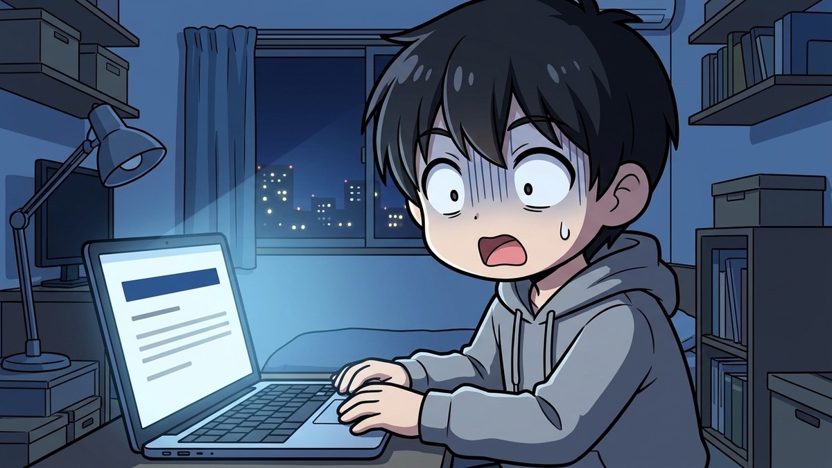 夜の部屋でノートパソコンのメールを見て固まる大学生のイラスト
