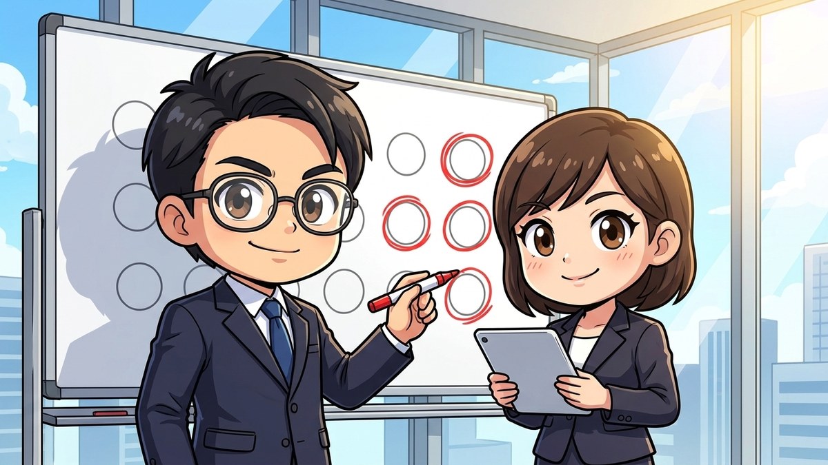 会議室のホワイトボードで、いくつかの丸にだけ赤い印をつける人事担当者のイラスト