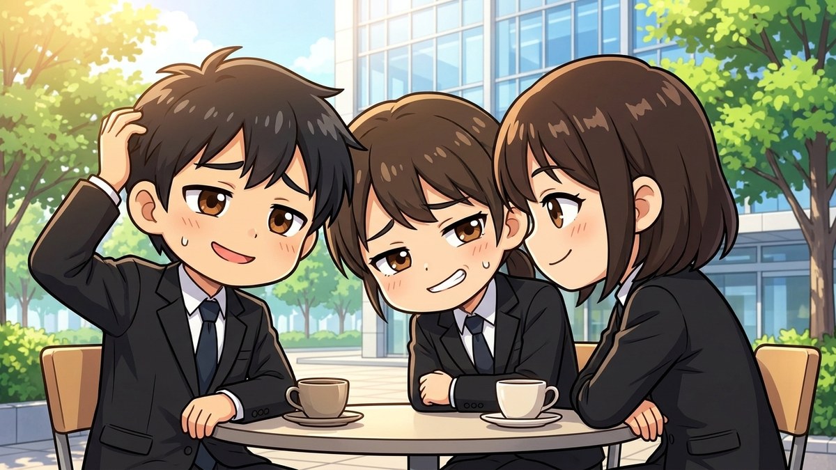 キャンパスのカフェで顔を寄せ、やっぱりねと苦笑いする就活生3人のイラスト