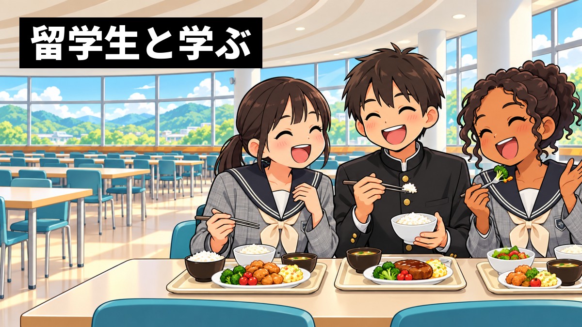 明るいカフェテリアで、翔凜高校の制服の男女の高校生が、同じ制服の留学生と英語で話しながら声を出して笑っている。「留学生と学ぶ」の文字
