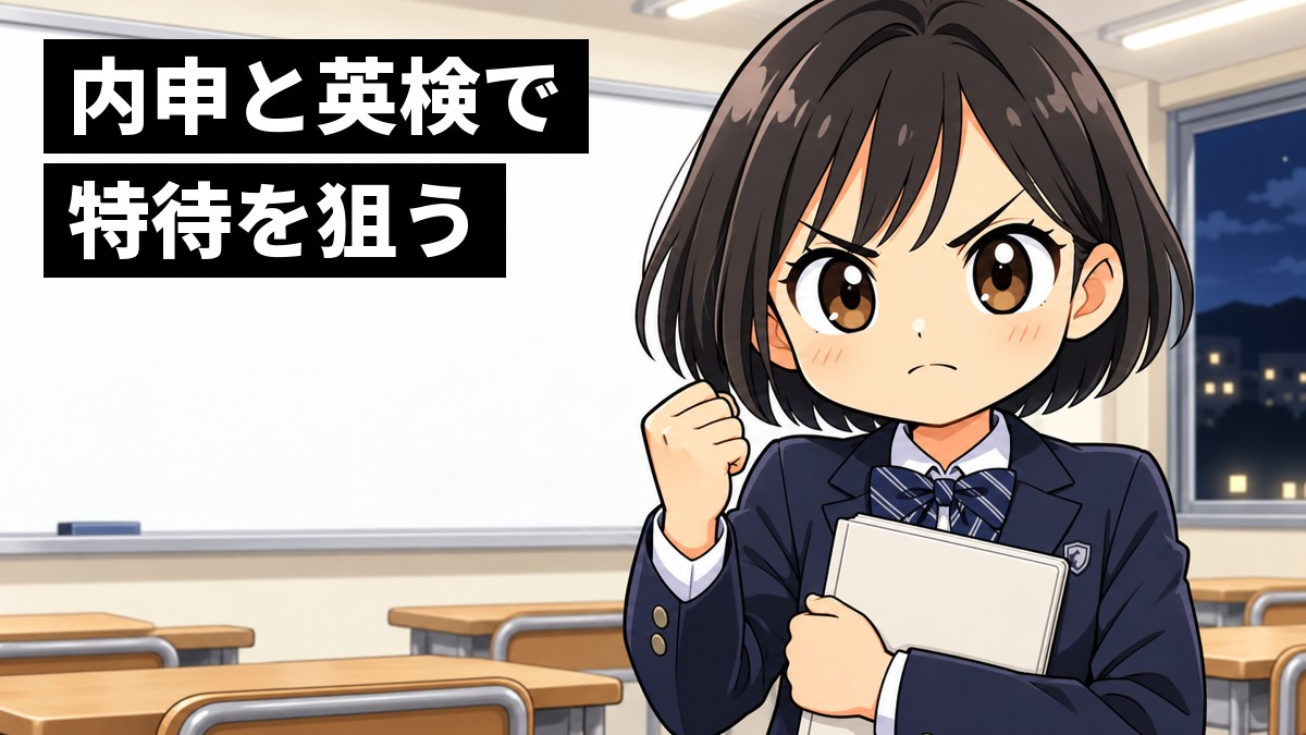 夜の塾の教室で、中学3年生の女子が英語の問題集を胸に抱え、もう片方の手でこぶしを握り、口を固く結んで前を見すえている。「内申と英検で特待を狙う」の文字