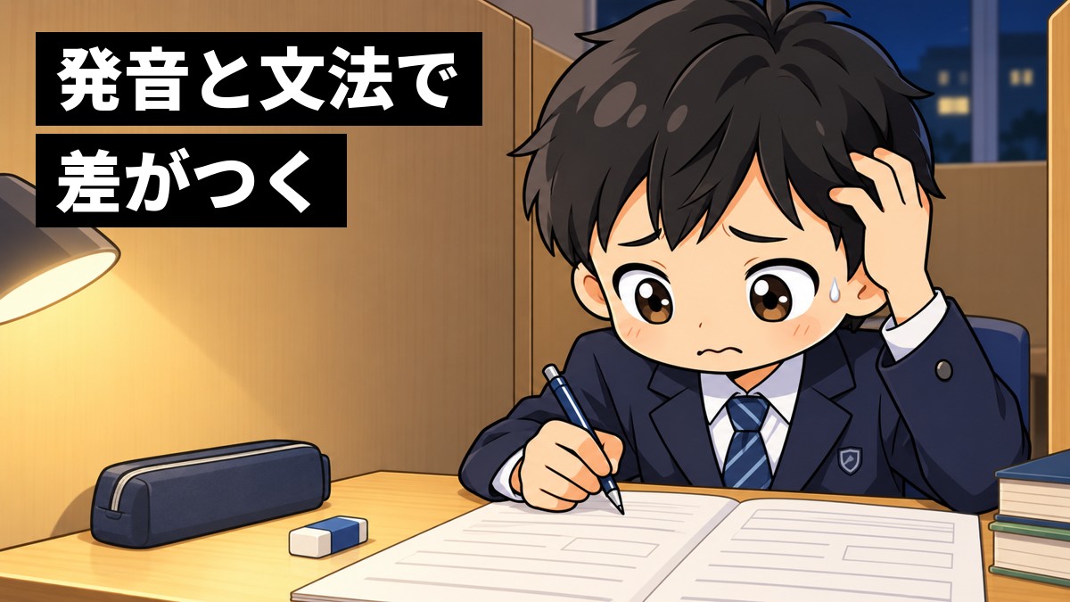 夜の塾の自習席で、中学3年生の男子が英語の過去問を前に、発音の問題が分からず頭をかかえて困り果てている。「発音と文法で差がつく」の文字