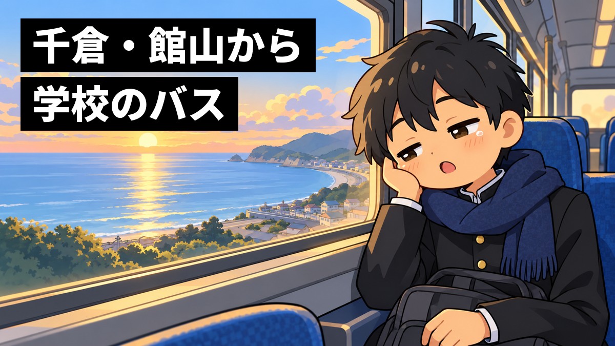 冬の早朝、海沿いを走るスクールバスの窓際の席で、黒い詰襟の翔凜高校の男子が窓にもたれて眠そうにうとうとしている。「千倉・館山から学校のバス」の文字