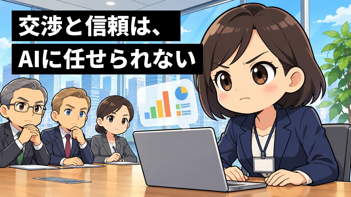ガラス張りの会議室で、紺のスーツの若い女性の商社の社員が、海外の会社の役員たちを前に、眉を引き締めてまっすぐ相手の目を見て交渉している。机のパソコンからは、AIがまとめたグラフの吹き出し。「交渉と信頼は、AIに任せられない」の文字。