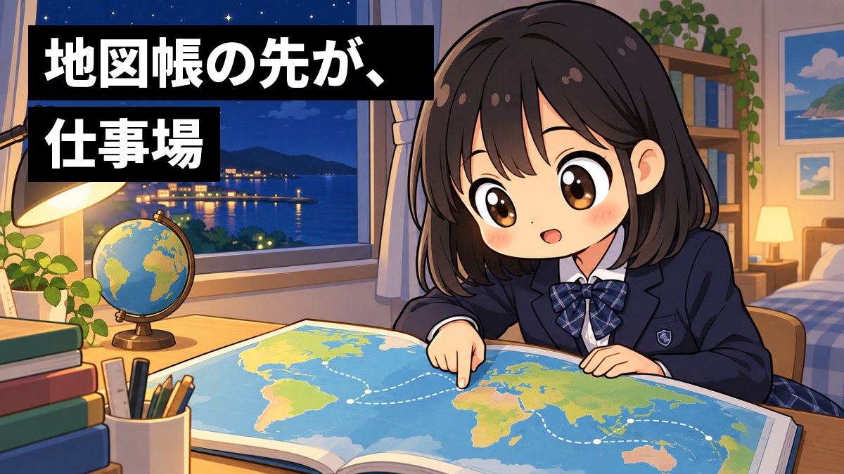 夜の自分の部屋の机で、制服の女子中学生が地図帳を広げ、知らない国に夢中になってワクワクと身を乗り出している。窓の外には星空。「地図帳の先が、仕事場」の文字。