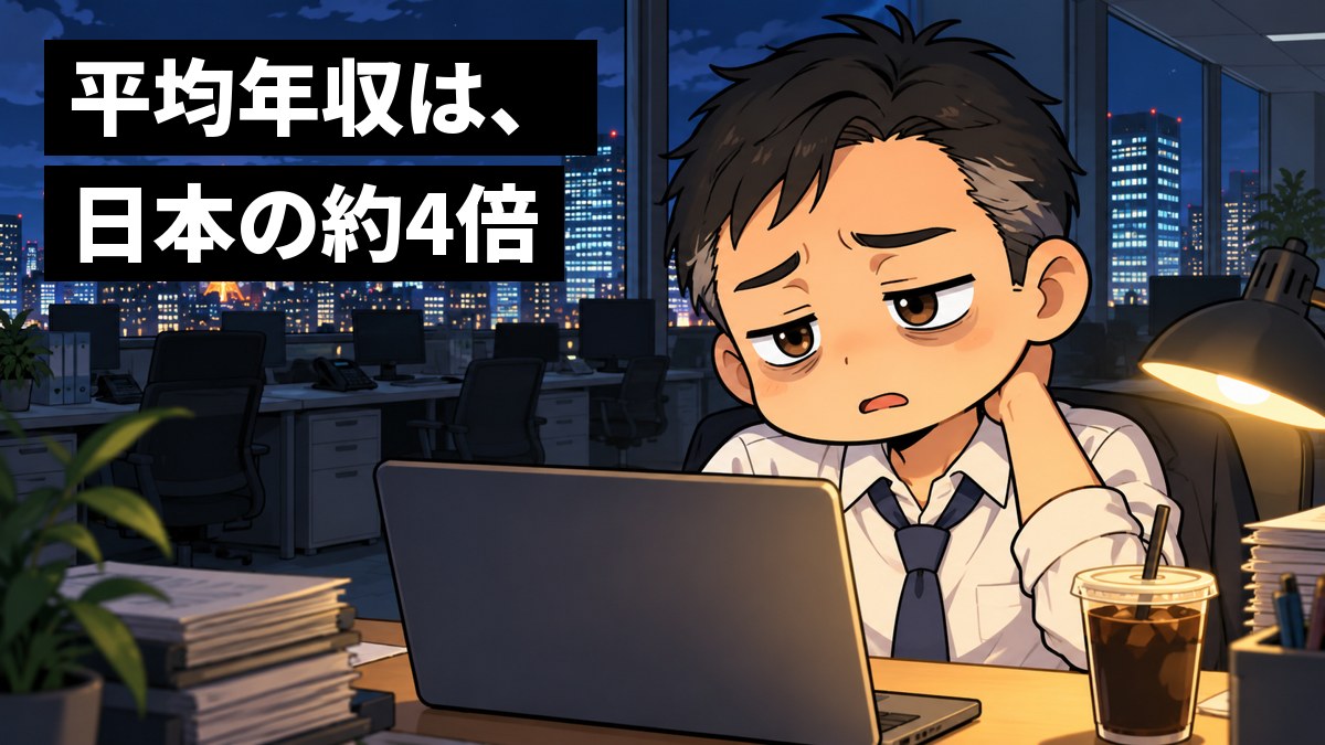 夜の東京の高層ビルのオフィスで、ネクタイをゆるめた40代の男性社員が、時差のある国との会議を終えて、ぐったりと肩を落としてため息をついている。窓の外には夜景。「平均年収は、日本の約4倍」の文字。