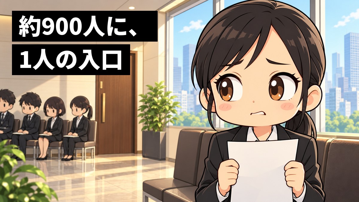 大きな会社の面接の控え室で、黒いリクルートスーツの女子大学生が、書類を握りしめて不安そうに唇をかんでいる。後ろには順番を待つほかの学生たち。「約900人に、1人の入口」の文字。