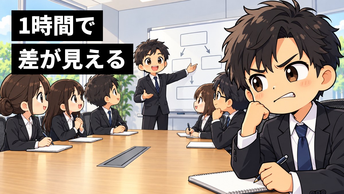会議室で6人の就活生が机を囲んで話し合い、手前の男子学生が意見を通せず悔しそうに唇をかんでいる挿絵。文字「1時間で差が見える」