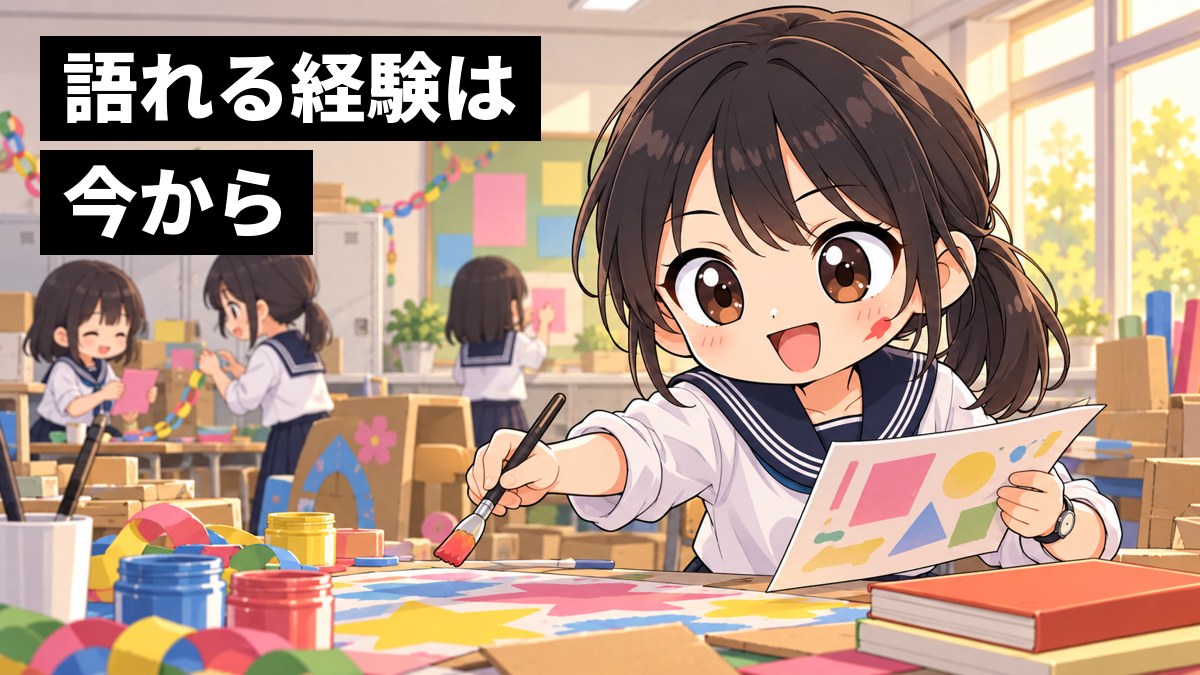 高校の教室で、木更津高校の制服の女子高校生が仲間と文化祭の看板づくりに夢中になっている挿絵。文字「語れる経験は今から」