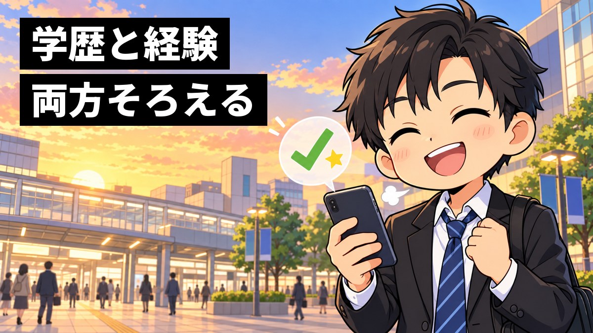 夕方の駅前で、リクルートスーツの男子大学生がスマートフォンの知らせを見てほっとした笑顔を見せている挿絵。文字「学歴と経験両方そろえる」