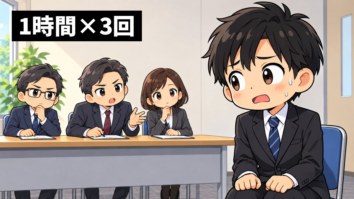 面接室で、リクルートスーツの男子学生が3人の面接官に深く質問され、冷や汗をかいて言葉に詰まっている挿絵。文字「1時間×3回」
