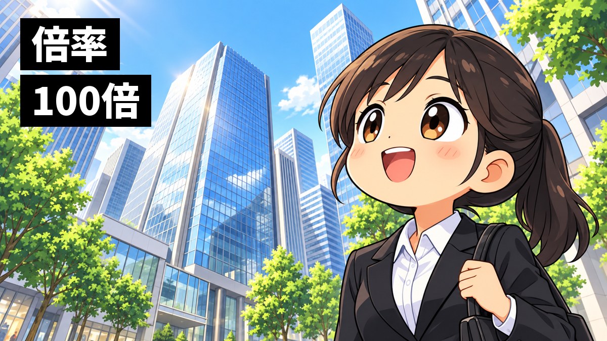 東京のオフィス街で、リクルートスーツの女子大学生が高層ビルを見上げて目を輝かせている挿絵。文字「倍率100倍」