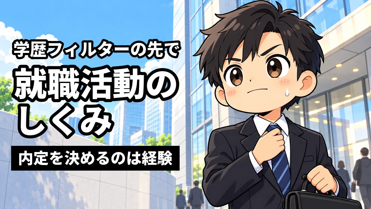 東京のオフィス街で、リクルートスーツの男子大学生がネクタイを整え、緊張しながらも前を見すえている。「学歴フィルターの先で」「就職活動のしくみ」「内定を決めるのは経験」の文字。