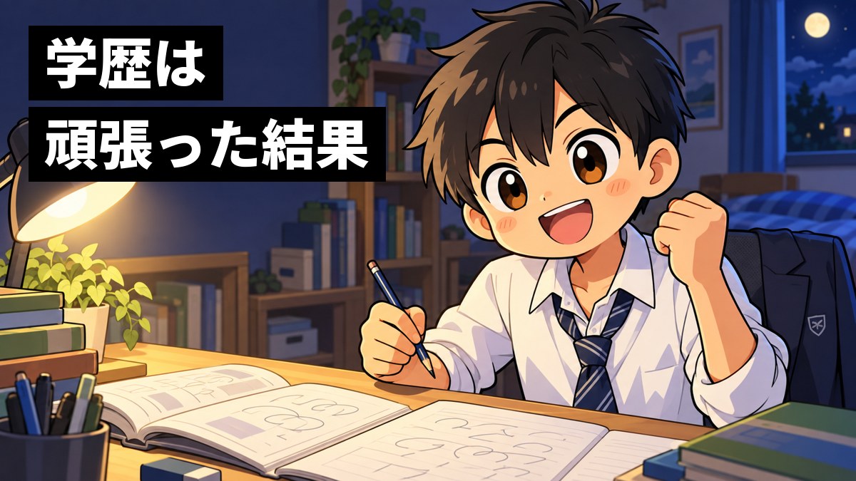 夜、自分の部屋の机で、難しい問題が解けて小さくガッツポーズをして笑う中学生。「学歴は頑張った結果」の文字。