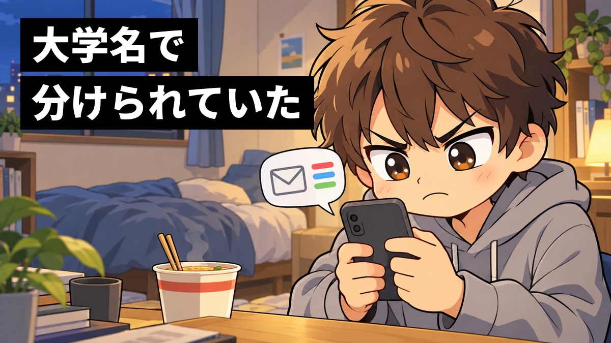 一人暮らしの部屋で、スマホに届いたメールを見て、納得いかない顔で眉をつり上げる男子大学生。「大学名で分けられていた」の文字。
