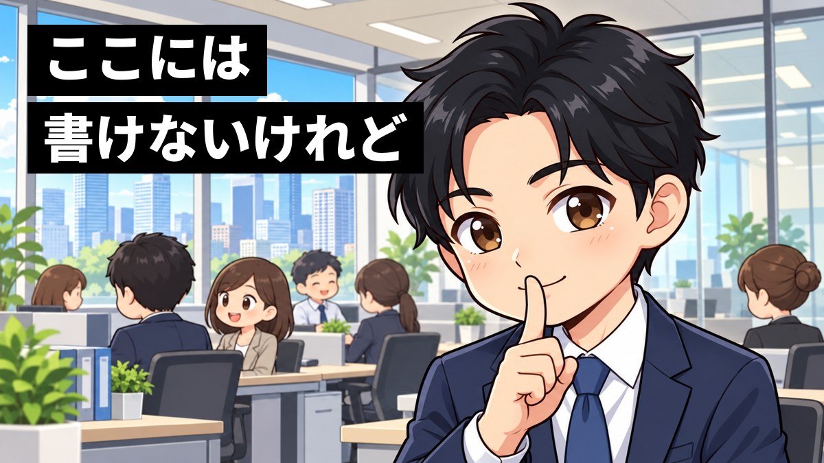 東京のオフィスのフロアで、スーツ姿の塾長・小池が人差し指を口に当てて、いたずらっぽく目を細めている。「ここには書けないけれど」の文字。