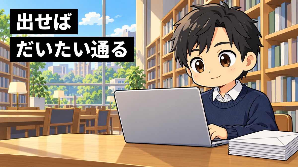 大学の図書館で、ノートパソコンに向かい余裕の表情でエントリーシートを書き進める大学生。机には封筒が何通も重なっている。「出せばだいたい通る」の文字。