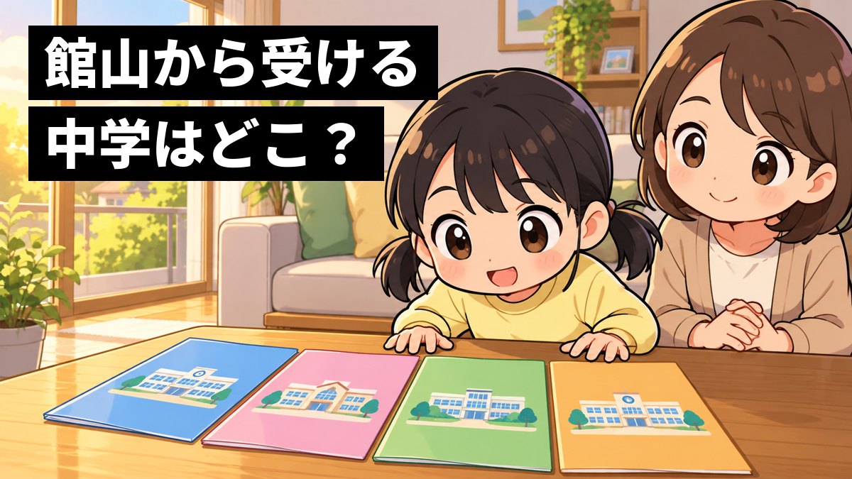 自宅のリビングで、小6の女の子と母親がテーブルに広げた4冊の学校案内を見比べ、女の子が身を乗り出して目を輝かせているイラスト。「館山から受ける 中学はどこ?」の文字。