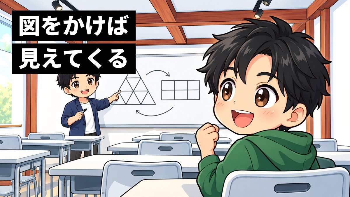 塾の教室で、塾長の小池がホワイトボードに三角形と表の図をかいて見せ、小6の男の子が目を見開いてぱっと笑顔になるイラスト。「図をかけば 見えてくる」の文字。