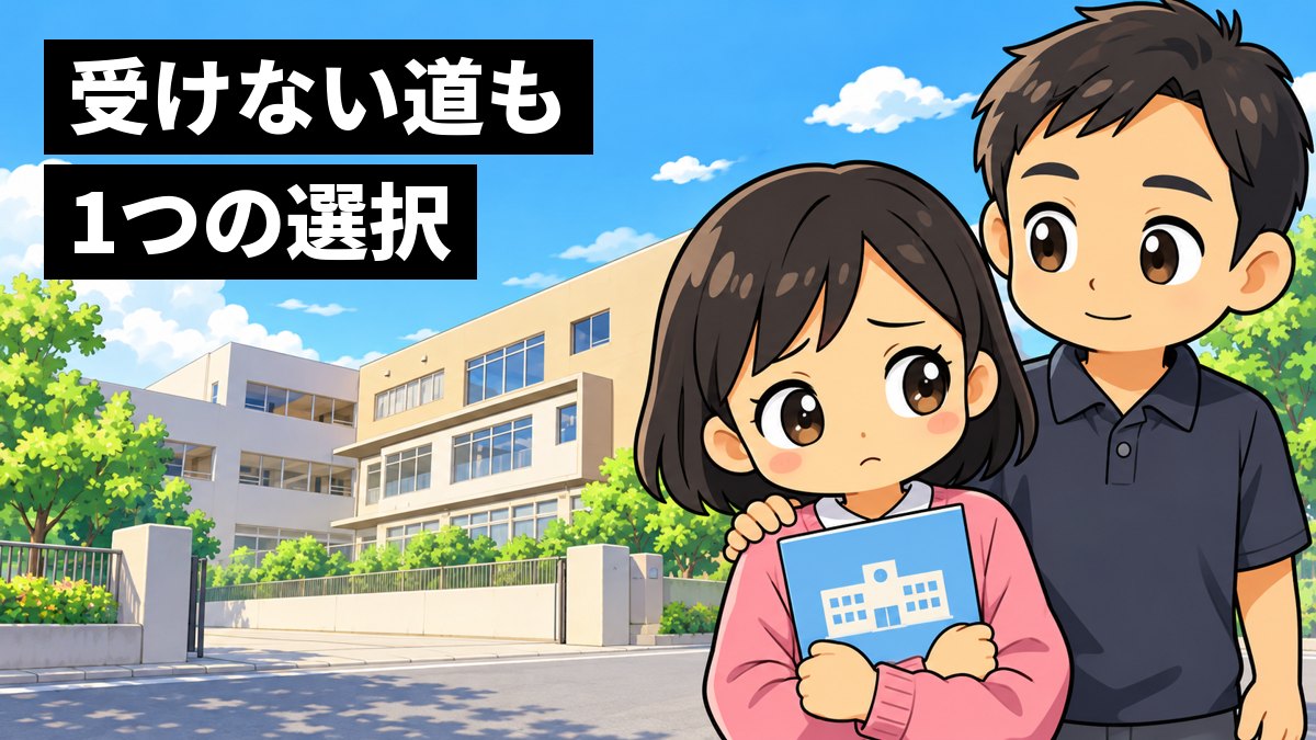 公立中学校の校門の前で、小6の女の子が学校案内を胸に抱えて不安そうにうつむき、横で父親が静かに肩に手を置いているイラスト。「受けない道も 1つの選択」の文字。