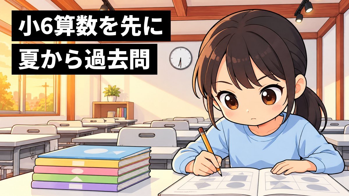 夕方の塾の教室で、小6の女の子が年度ごとに積まれた過去問の束を横に置き、没頭して鉛筆を走らせているイラスト。壁の時計は6時過ぎ。「小6算数を先に 夏から過去問」の文字。