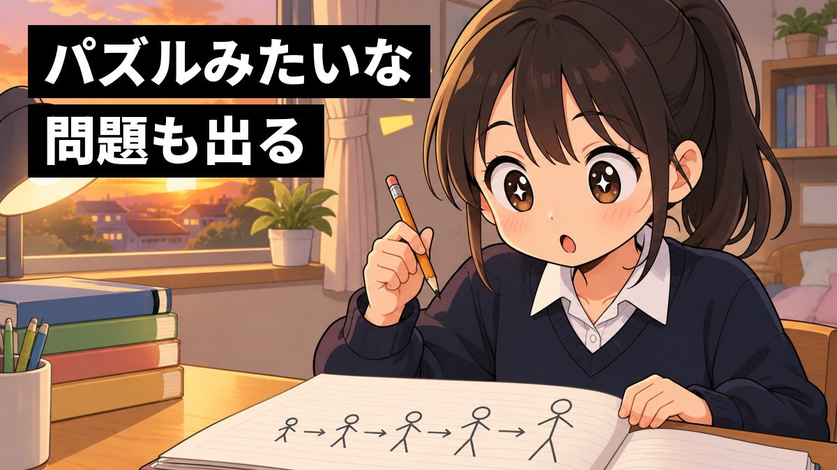 夕方の自分の部屋の机で、紺のセーターに白い襟の制服の女子高校生が、5人の背の高さを矢印でつないだメモを前に、ひらめいて目を見開いている。「パズルみたいな問題も出る」の文字。