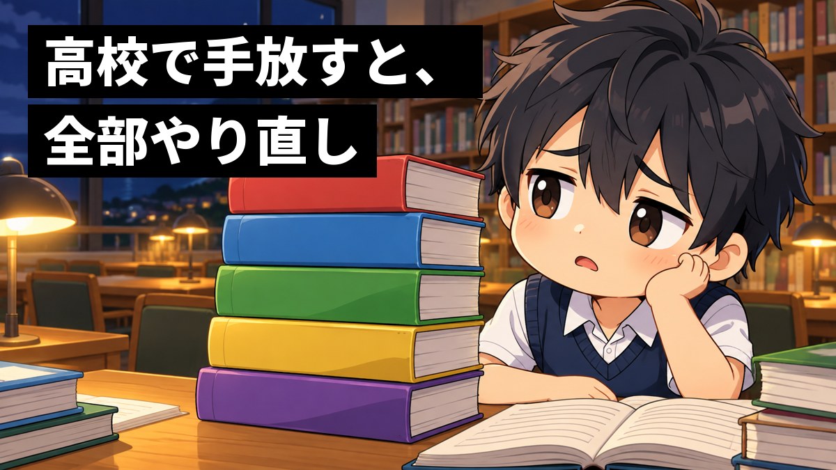 夜の図書館の机で、白いシャツに紺のベストの男子高校生が、5教科の分厚い参考書の山を前に、ほおづえをついて途方にくれている。「高校で手放すと、全部やり直し」の文字。