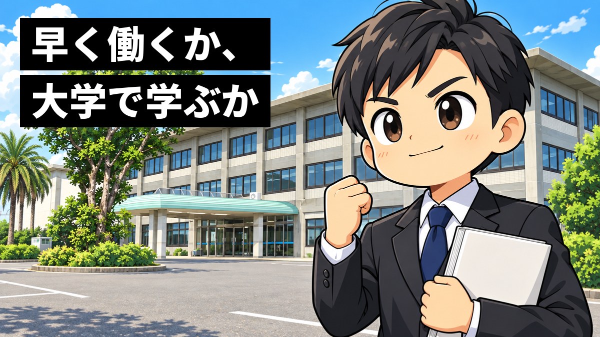 館山市役所の庁舎の前で、黒いスーツの若者が問題集を胸に抱え、こぶしを握って決意の表情で前を見ている。「早く働くか、大学で学ぶか」の文字。