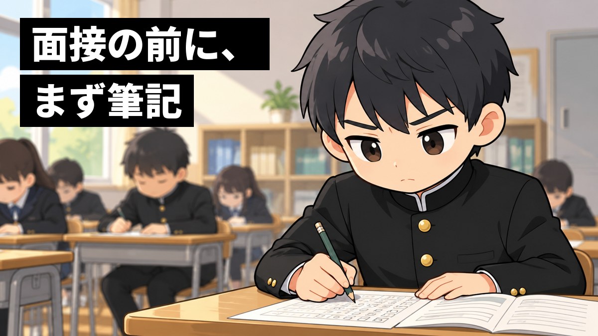 公立中学校の教室を使った試験会場で、黒い詰襟の学生服の男子高校生が、鉛筆を握って問題用紙に夢中で向かっている。「面接の前に、まず筆記」の文字。